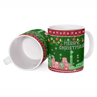 Oman Christmas Ceramic Mug with Green-Red Pattern, Mosque and Fort Landmarks, and Festive Ornament Motif - Wonder Print Shop