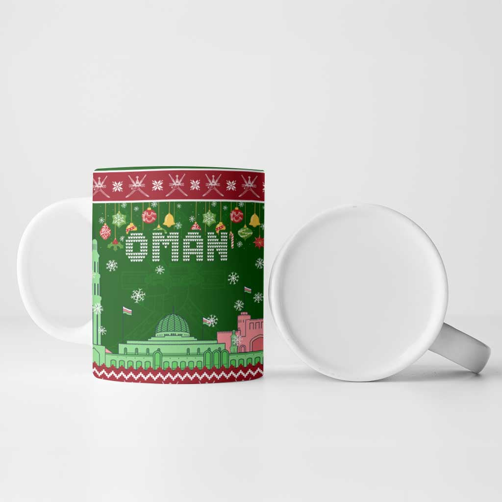 Oman Christmas Ceramic Mug with Green-Red Pattern, Mosque and Fort Landmarks, and Festive Ornament Motif - Wonder Print Shop