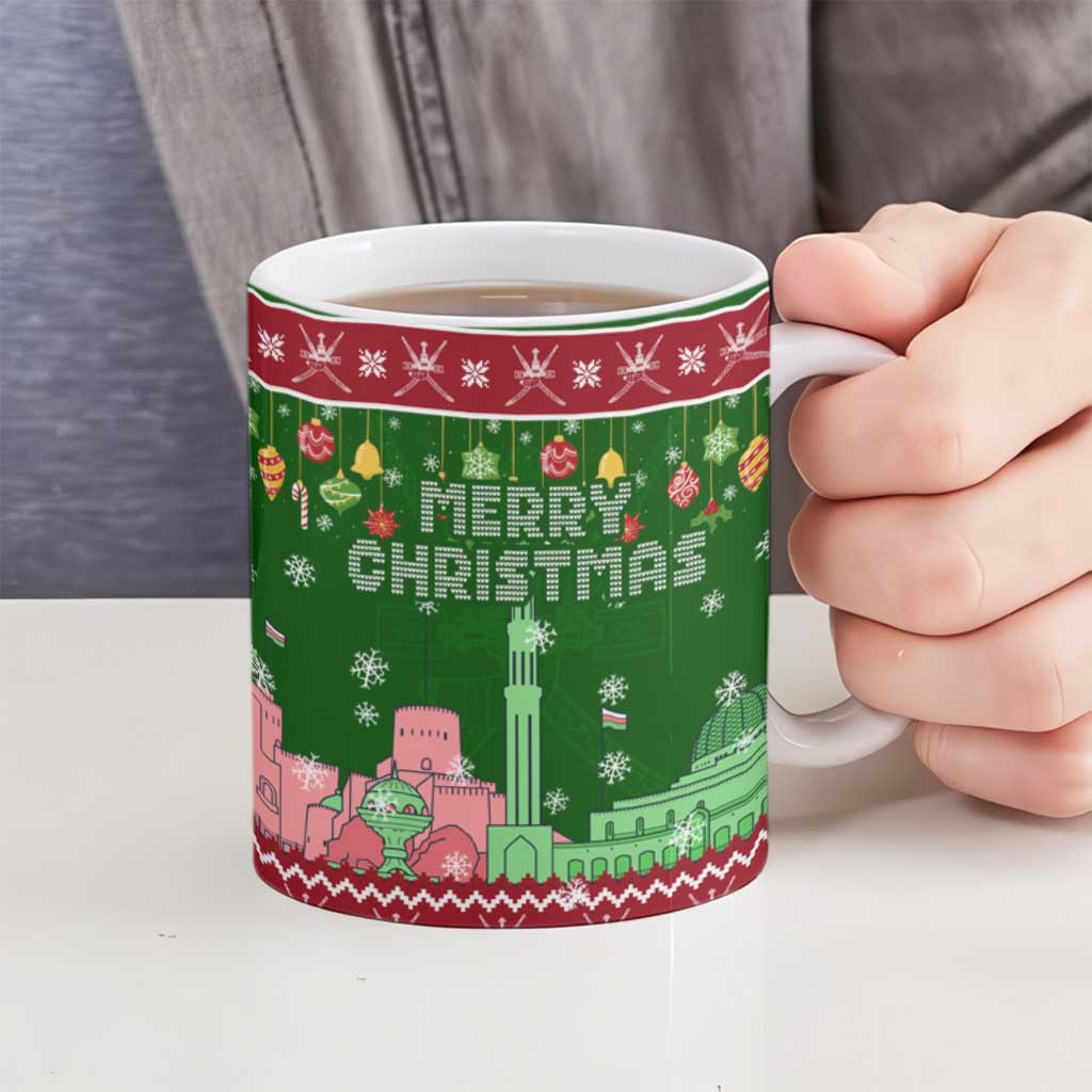 Oman Christmas Ceramic Mug with Green-Red Pattern, Mosque and Fort Landmarks, and Festive Ornament Motif - Wonder Print Shop
