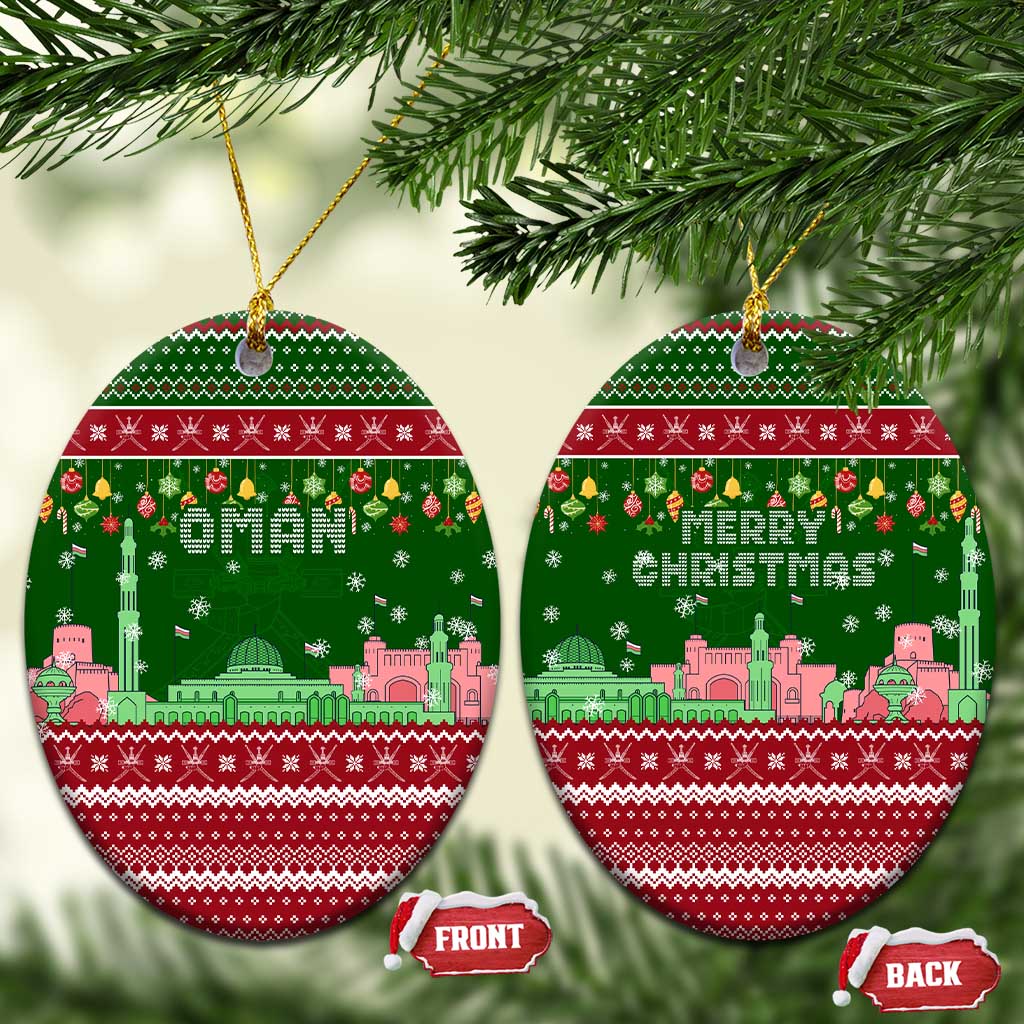 Oman Christmas Ceramic Ornament with Green-Red Pattern, Mosque and Fort Landmarks, and Festive Ornament Motif - Wonder Print Shop