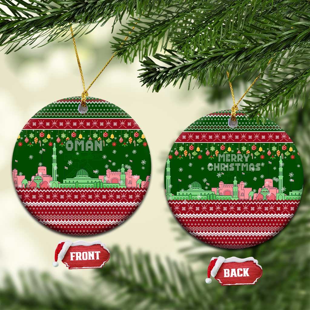 Oman Christmas Ceramic Ornament with Green-Red Pattern, Mosque and Fort Landmarks, and Festive Ornament Motif - Wonder Print Shop