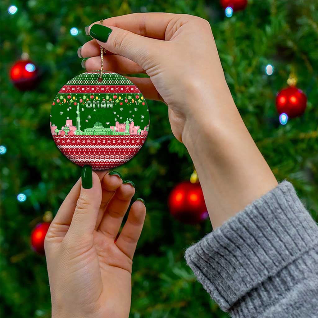 Oman Christmas Ceramic Ornament with Green-Red Pattern, Mosque and Fort Landmarks, and Festive Ornament Motif - Wonder Print Shop