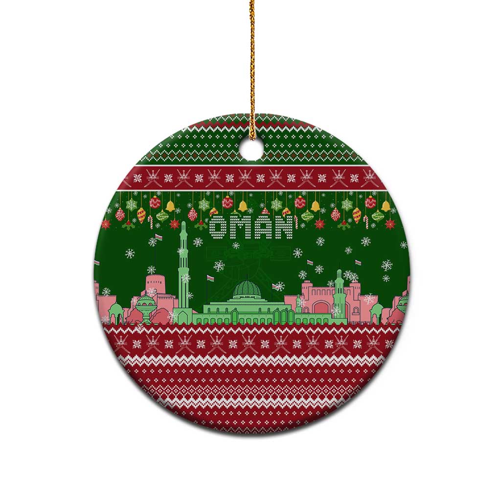 Oman Christmas Ceramic Ornament with Green-Red Pattern, Mosque and Fort Landmarks, and Festive Ornament Motif - Wonder Print Shop