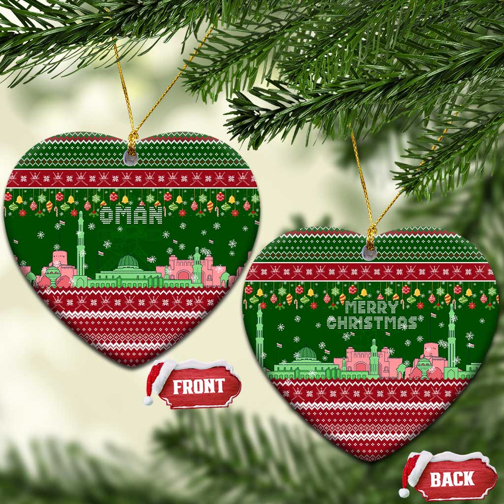 Oman Christmas Ceramic Ornament with Green-Red Pattern, Mosque and Fort Landmarks, and Festive Ornament Motif - Wonder Print Shop