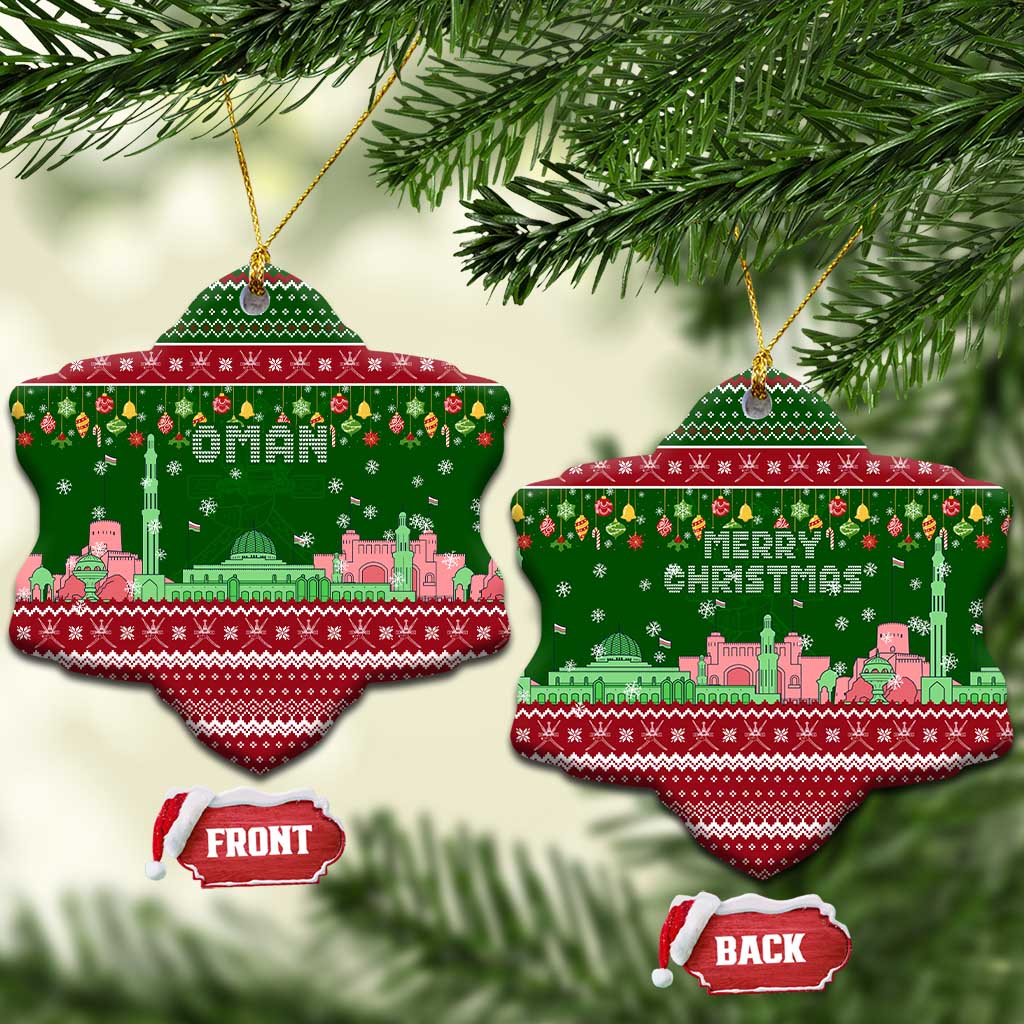 Oman Christmas Ceramic Ornament with Green-Red Pattern, Mosque and Fort Landmarks, and Festive Ornament Motif - Wonder Print Shop