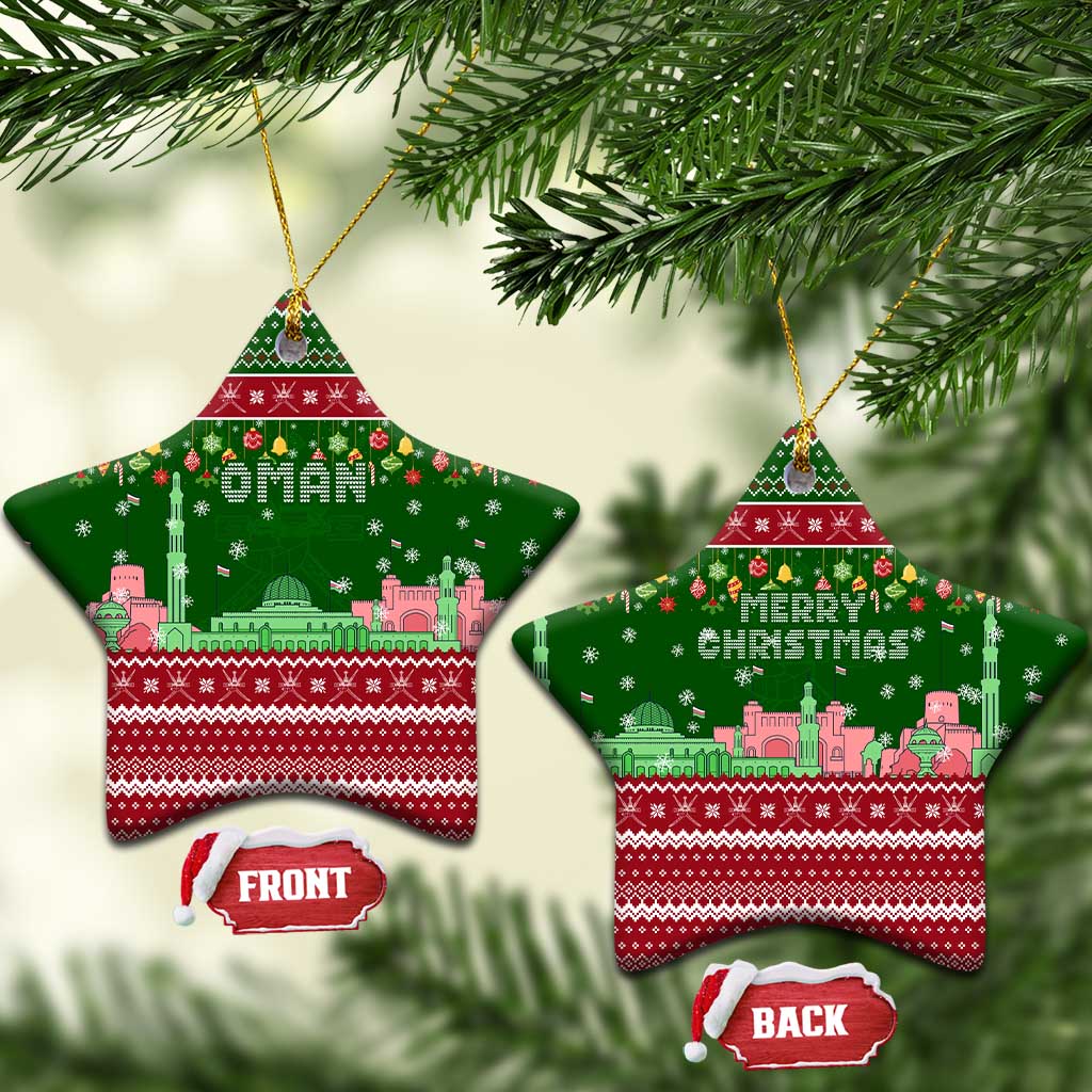 Oman Christmas Ceramic Ornament with Green-Red Pattern, Mosque and Fort Landmarks, and Festive Ornament Motif - Wonder Print Shop