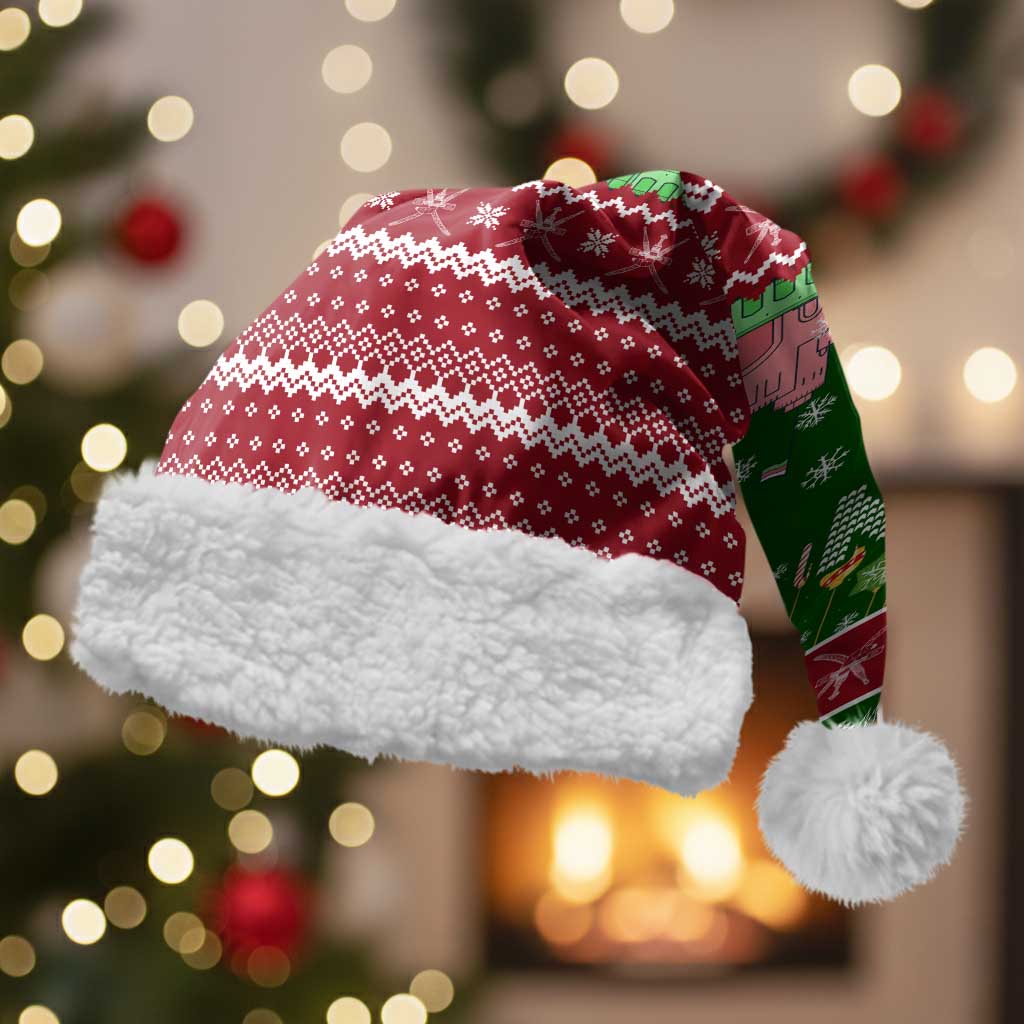 Oman Christmas Santa Hat with Green-Red Pattern, Mosque and Fort Landmarks, and Festive Ornament Motif - Wonder Print Shop