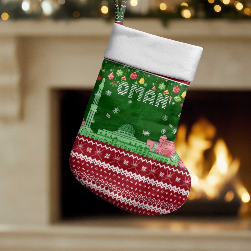 Oman Christmas Stocking with Green-Red Pattern, Mosque and Fort Landmarks, and Festive Ornament Motif - Wonder Print Shop