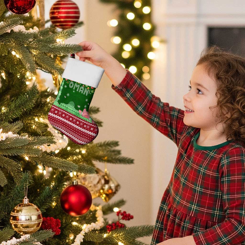 Oman Christmas Stocking with Green-Red Pattern, Mosque and Fort Landmarks, and Festive Ornament Motif - Wonder Print Shop