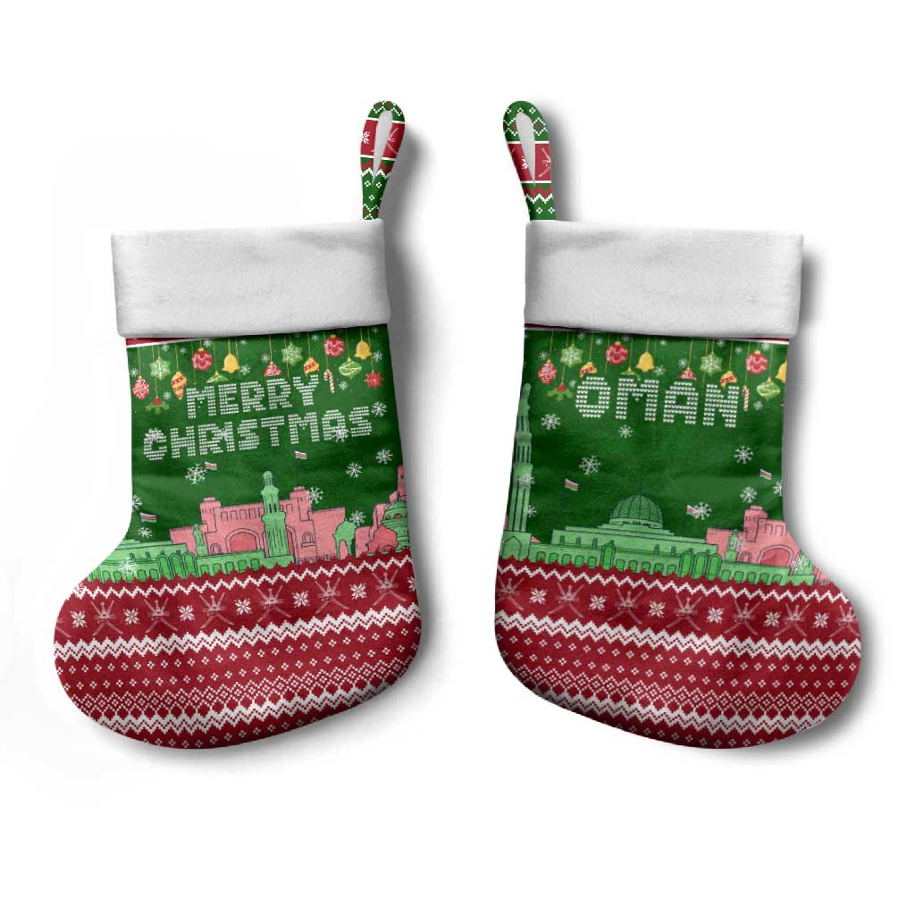 Oman Christmas Stocking with Green-Red Pattern, Mosque and Fort Landmarks, and Festive Ornament Motif - Wonder Print Shop