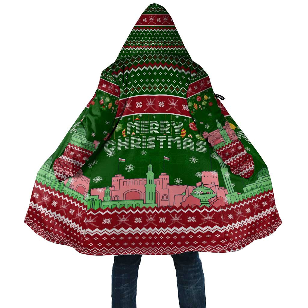 Oman Christmas Cloak with Green-Red Pattern, Mosque and Fort Landmarks, and Festive Ornament Motif - Wonder Print Shop