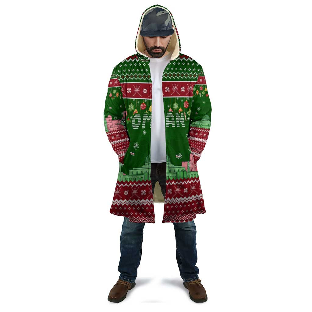 Oman Christmas Cloak with Green-Red Pattern, Mosque and Fort Landmarks, and Festive Ornament Motif - Wonder Print Shop