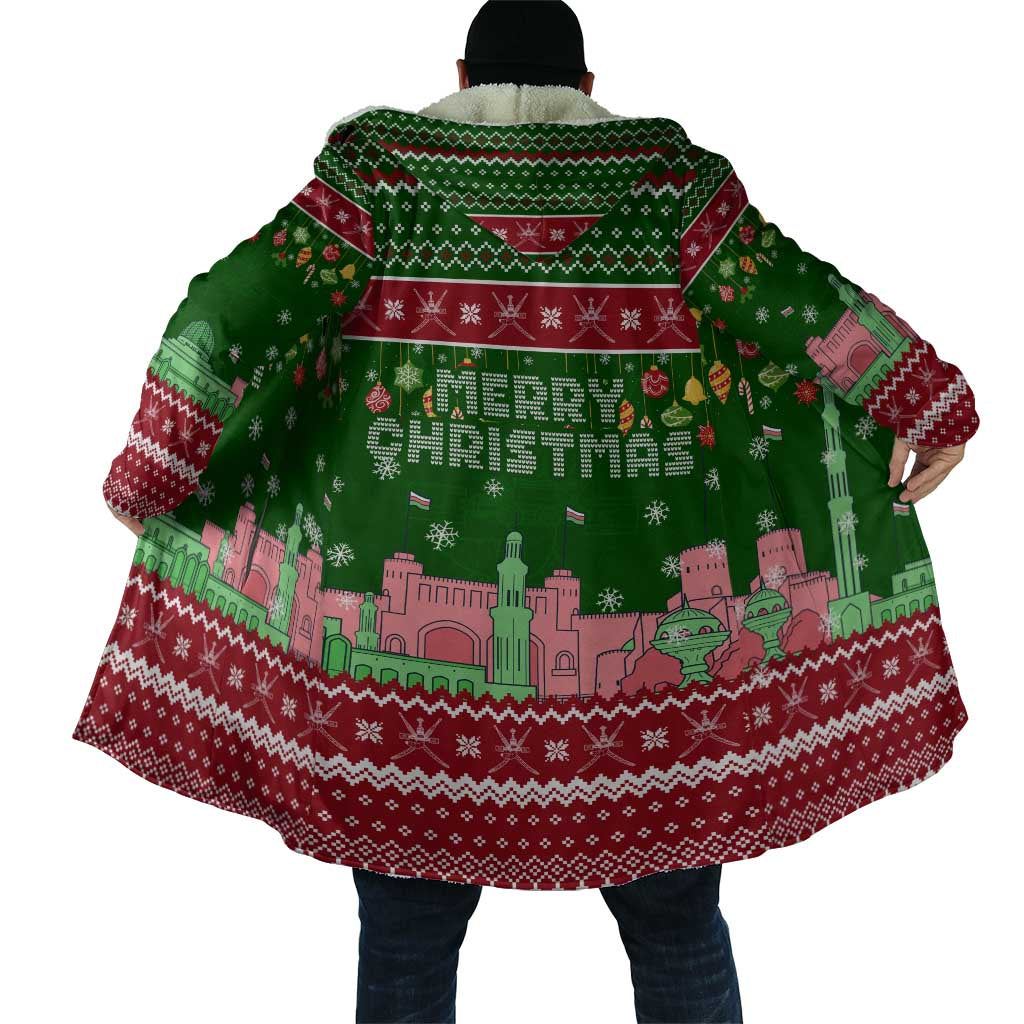 Oman Christmas Cloak with Green-Red Pattern, Mosque and Fort Landmarks, and Festive Ornament Motif - Wonder Print Shop
