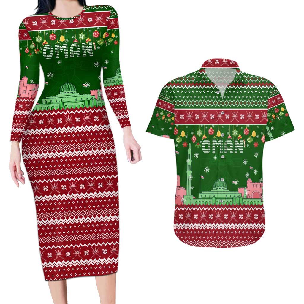 Oman Christmas Couples Matching Long Sleeve Bodycon Dress and Hawaiian Shirt with Green-Red Pattern, Mosque and Fort Landmarks, and Festive Ornament Motif - Wonder Print Shop