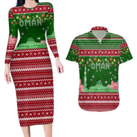 Oman Christmas Couples Matching Long Sleeve Bodycon Dress and Hawaiian Shirt with Green-Red Pattern, Mosque and Fort Landmarks, and Festive Ornament Motif - Wonder Print Shop