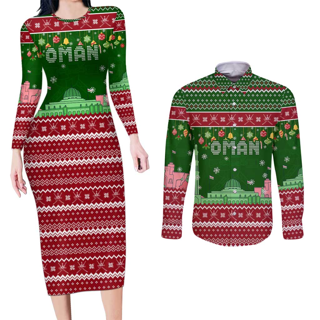 Oman Christmas Couples Matching Long Sleeve Bodycon Dress and Long Sleeve Button Shirt with Green-Red Pattern, Mosque and Fort Landmarks, and Festive Ornament Motif - Wonder Print Shop