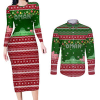 Oman Christmas Couples Matching Long Sleeve Bodycon Dress and Long Sleeve Button Shirt with Green-Red Pattern, Mosque and Fort Landmarks, and Festive Ornament Motif - Wonder Print Shop