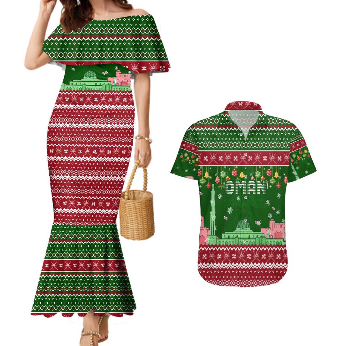 Oman Christmas Couples Matching Mermaid Dress and Hawaiian Shirt with Green-Red Pattern, Mosque and Fort Landmarks, and Festive Ornament Motif - Wonder Print Shop