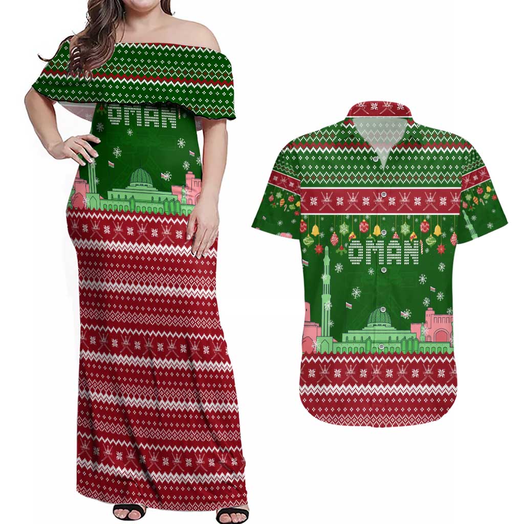 Oman Christmas Couples Matching Off Shoulder Maxi Dress and Hawaiian Shirt with Green-Red Pattern, Mosque and Fort Landmarks, and Festive Ornament Motif - Wonder Print Shop