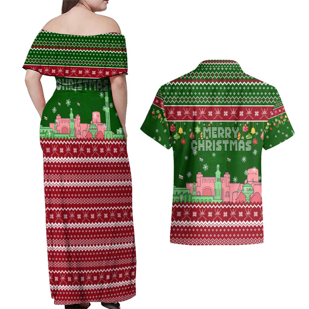 Oman Christmas Couples Matching Off Shoulder Maxi Dress and Hawaiian Shirt with Green-Red Pattern, Mosque and Fort Landmarks, and Festive Ornament Motif - Wonder Print Shop