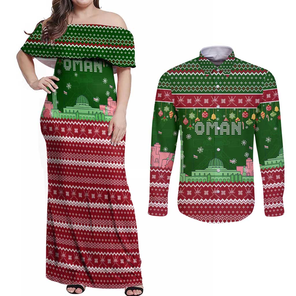 Oman Christmas Couples Matching Off Shoulder Maxi Dress and Long Sleeve Button Shirt with Green-Red Pattern, Mosque and Fort Landmarks, and Festive Ornament Motif - Wonder Print Shop