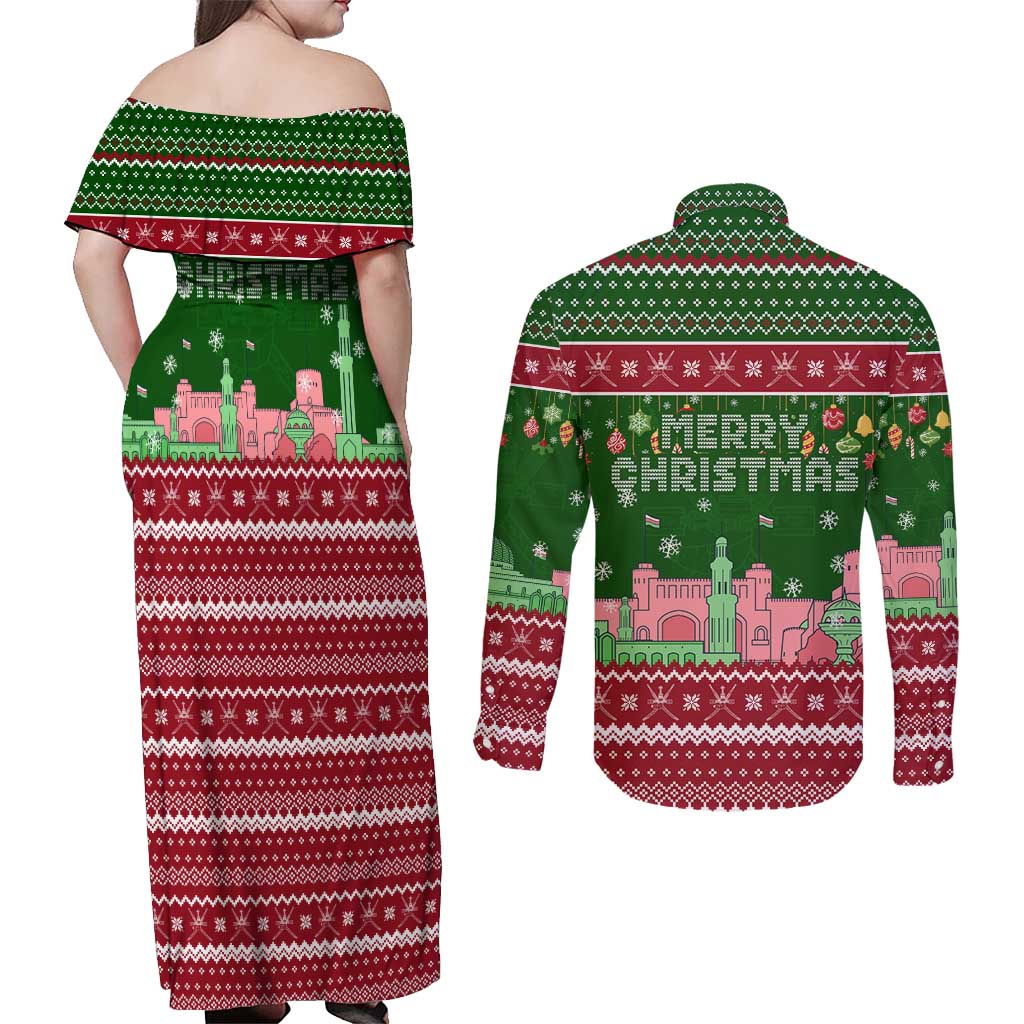 Oman Christmas Couples Matching Off Shoulder Maxi Dress and Long Sleeve Button Shirt with Green-Red Pattern, Mosque and Fort Landmarks, and Festive Ornament Motif - Wonder Print Shop