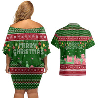 Oman Christmas Couples Matching Off Shoulder Short Dress and Hawaiian Shirt with Green-Red Pattern, Mosque and Fort Landmarks, and Festive Ornament Motif - Wonder Print Shop