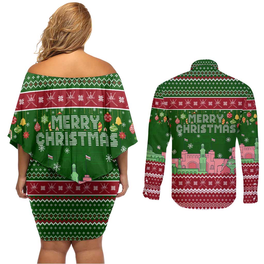 Oman Christmas Couples Matching Off Shoulder Short Dress and Long Sleeve Button Shirt with Green-Red Pattern, Mosque and Fort Landmarks, and Festive Ornament Motif - Wonder Print Shop