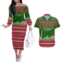 Oman Christmas Couples Matching Off The Shoulder Long Sleeve Dress and Hawaiian Shirt with Green-Red Pattern, Mosque and Fort Landmarks, and Festive Ornament Motif - Wonder Print Shop