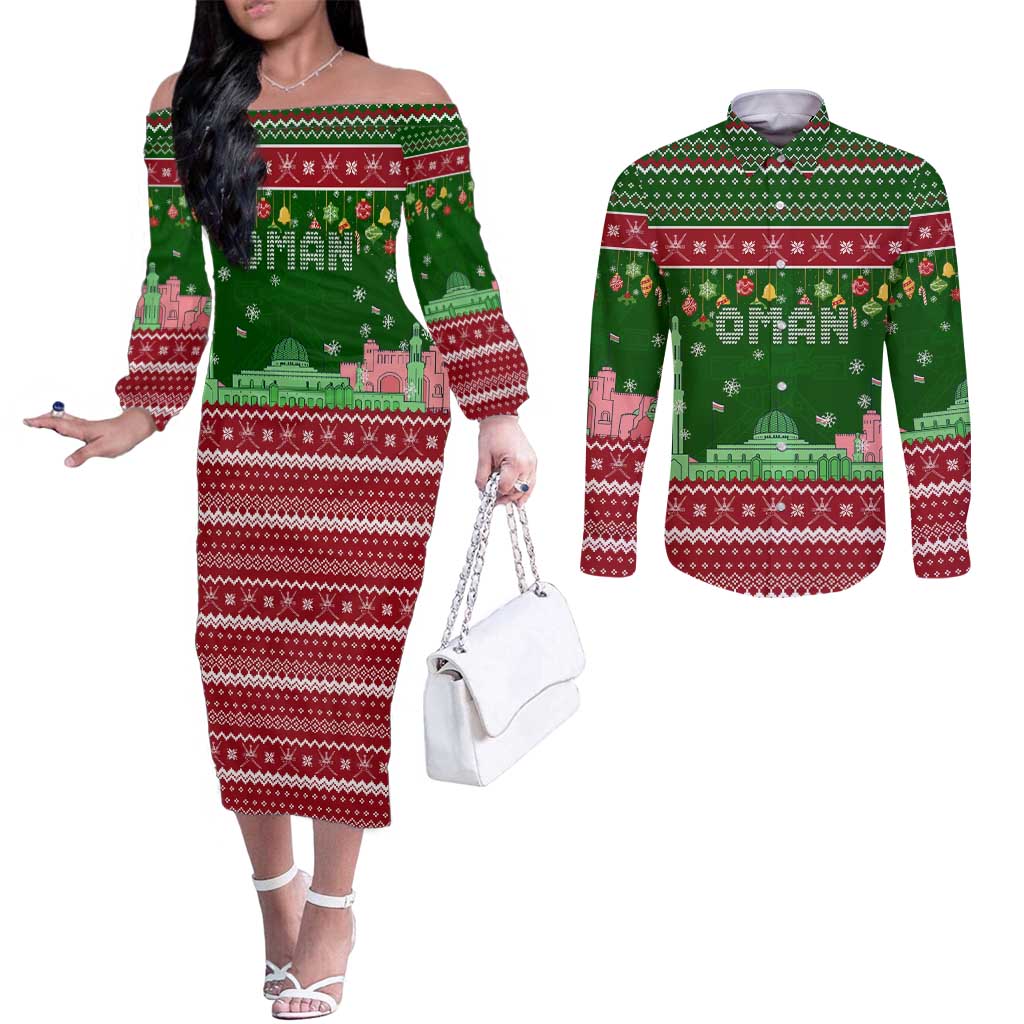 Oman Christmas Couples Matching Off The Shoulder Long Sleeve Dress and Long Sleeve Button Shirt with Green-Red Pattern, Mosque and Fort Landmarks, and Festive Ornament Motif - Wonder Print Shop