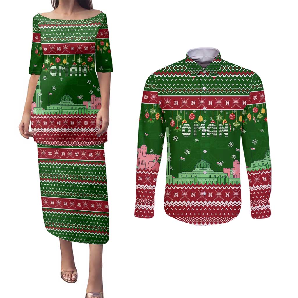 Oman Christmas Couples Matching Puletasi and Long Sleeve Button Shirt with Green-Red Pattern, Mosque and Fort Landmarks, and Festive Ornament Motif - Wonder Print Shop
