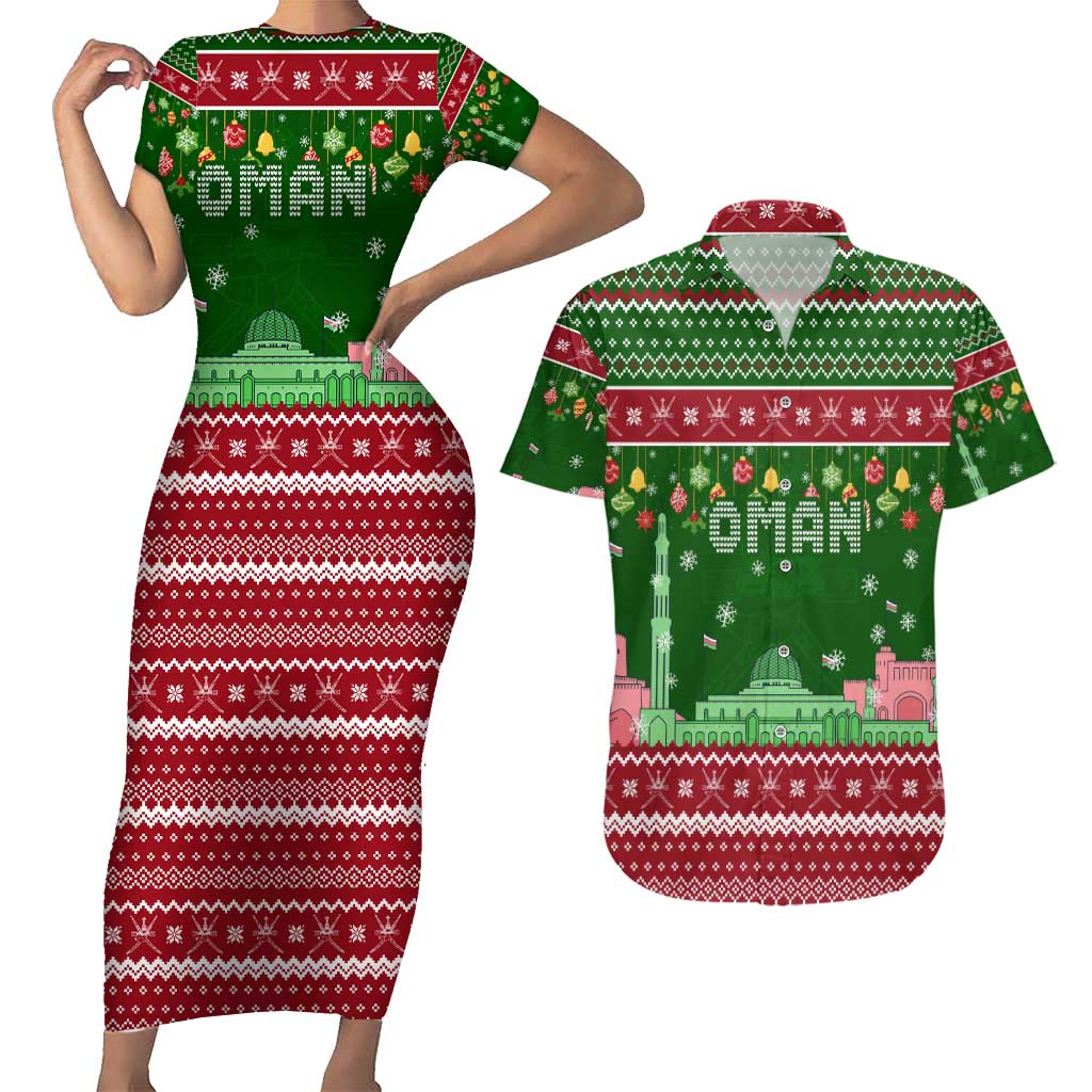 Oman Christmas Couples Matching Short Sleeve Bodycon Dress and Hawaiian Shirt with Green-Red Pattern, Mosque and Fort Landmarks, and Festive Ornament Motif - Wonder Print Shop
