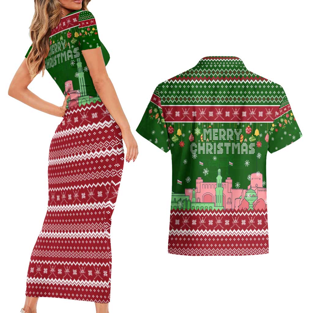 Oman Christmas Couples Matching Short Sleeve Bodycon Dress and Hawaiian Shirt with Green-Red Pattern, Mosque and Fort Landmarks, and Festive Ornament Motif - Wonder Print Shop