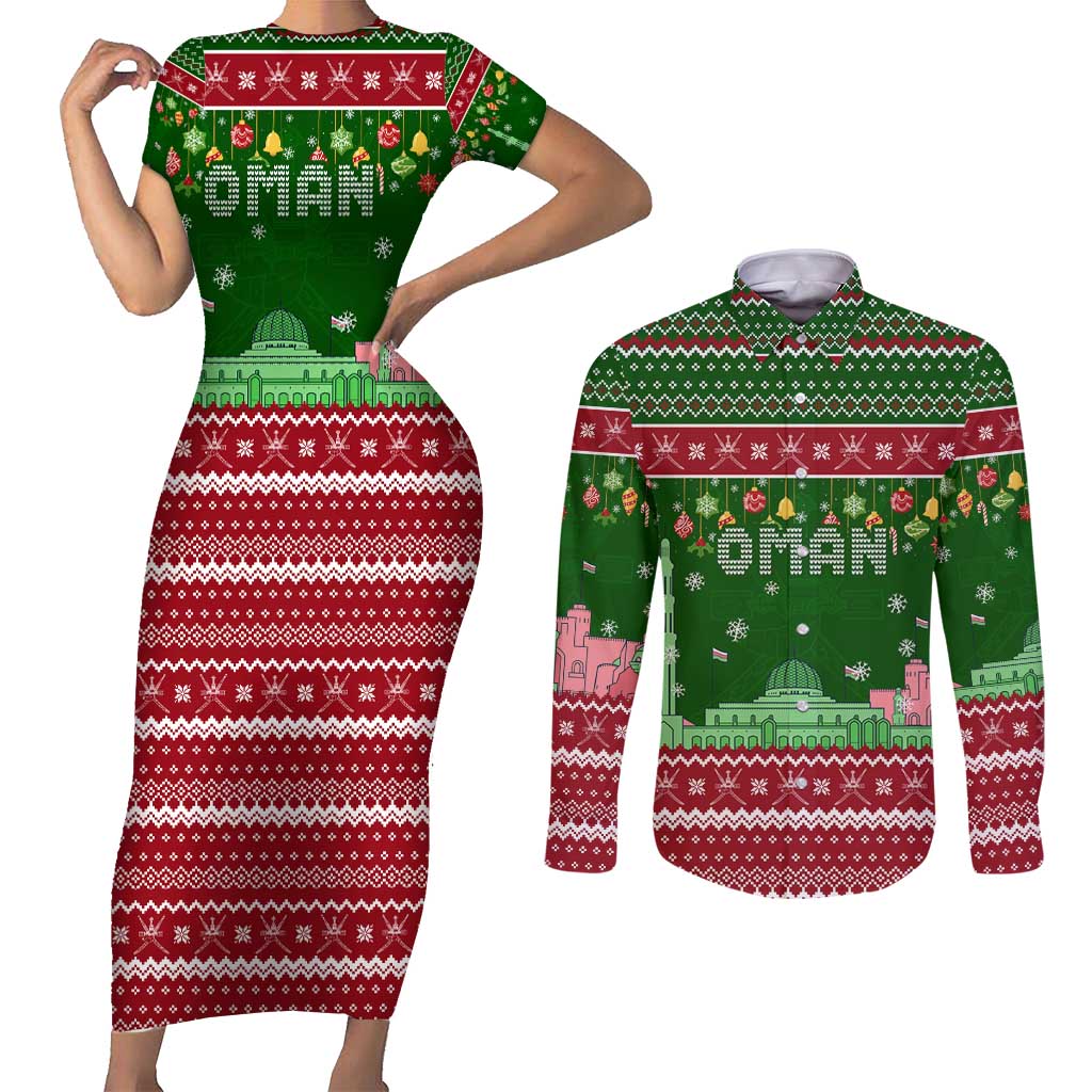 Oman Christmas Couples Matching Short Sleeve Bodycon Dress and Long Sleeve Button Shirt with Green-Red Pattern, Mosque and Fort Landmarks, and Festive Ornament Motif - Wonder Print Shop