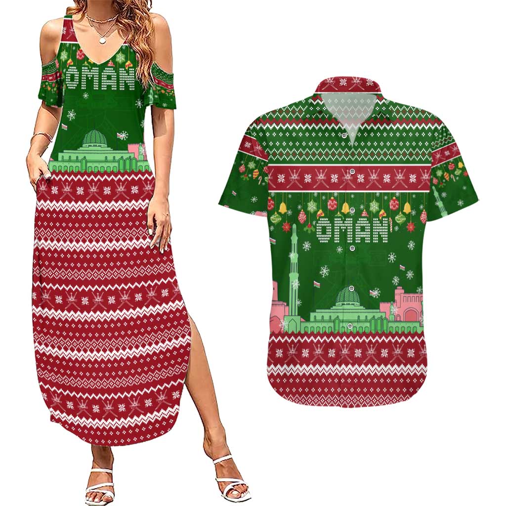 Oman Christmas Couples Matching Summer Maxi Dress and Hawaiian Shirt with Green-Red Pattern, Mosque and Fort Landmarks, and Festive Ornament Motif - Wonder Print Shop