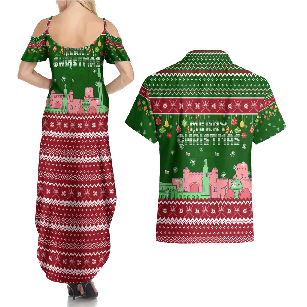 Oman Christmas Couples Matching Summer Maxi Dress and Hawaiian Shirt with Green-Red Pattern, Mosque and Fort Landmarks, and Festive Ornament Motif - Wonder Print Shop