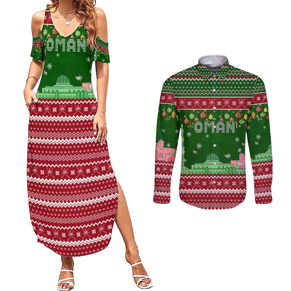 Oman Christmas Couples Matching Summer Maxi Dress and Long Sleeve Button Shirt with Green-Red Pattern, Mosque and Fort Landmarks, and Festive Ornament Motif - Wonder Print Shop