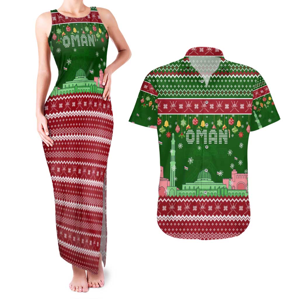 Oman Christmas Couples Matching Tank Maxi Dress and Hawaiian Shirt with Green-Red Pattern, Mosque and Fort Landmarks, and Festive Ornament Motif - Wonder Print Shop