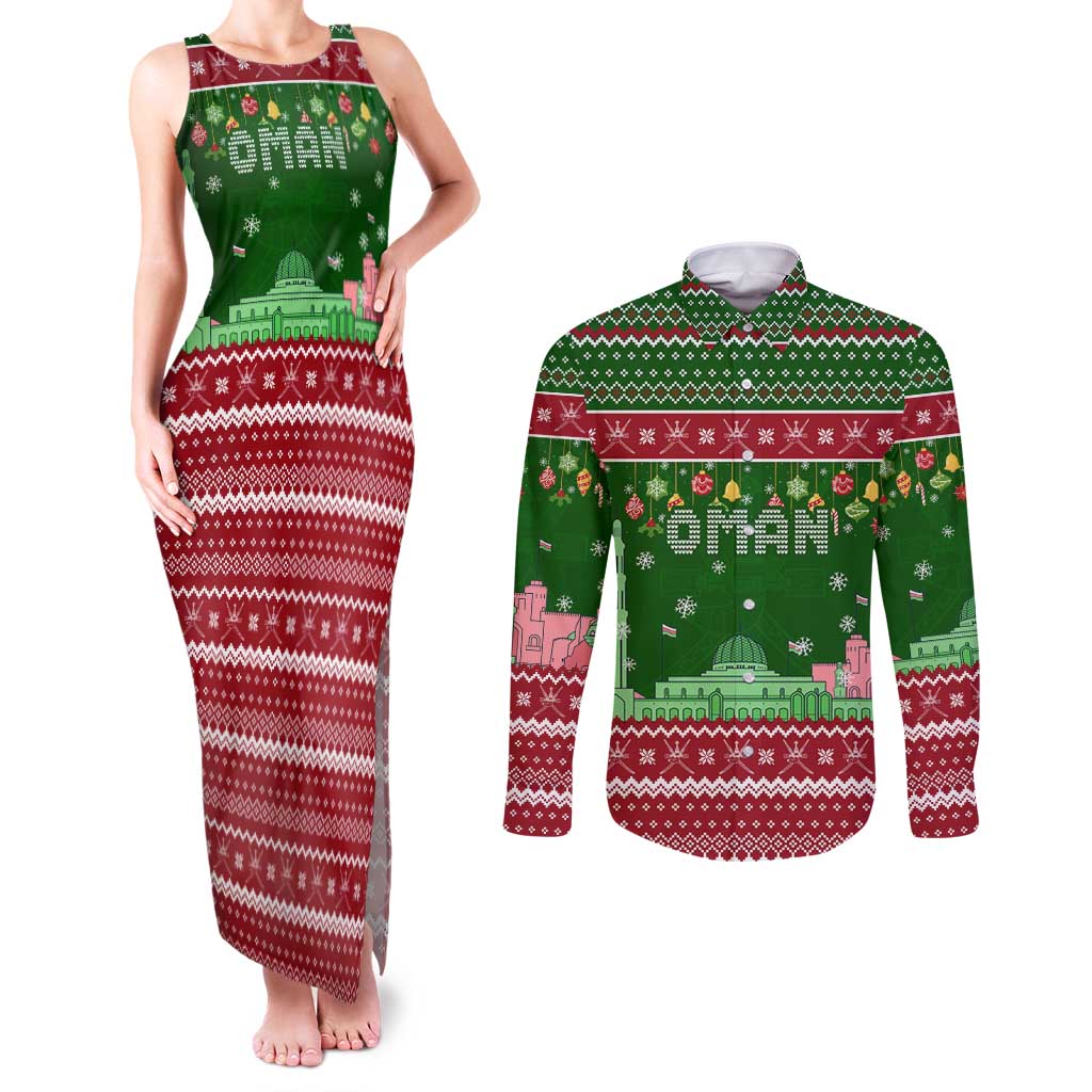 Oman Christmas Couples Matching Tank Maxi Dress and Long Sleeve Button Shirt with Green-Red Pattern, Mosque and Fort Landmarks, and Festive Ornament Motif - Wonder Print Shop