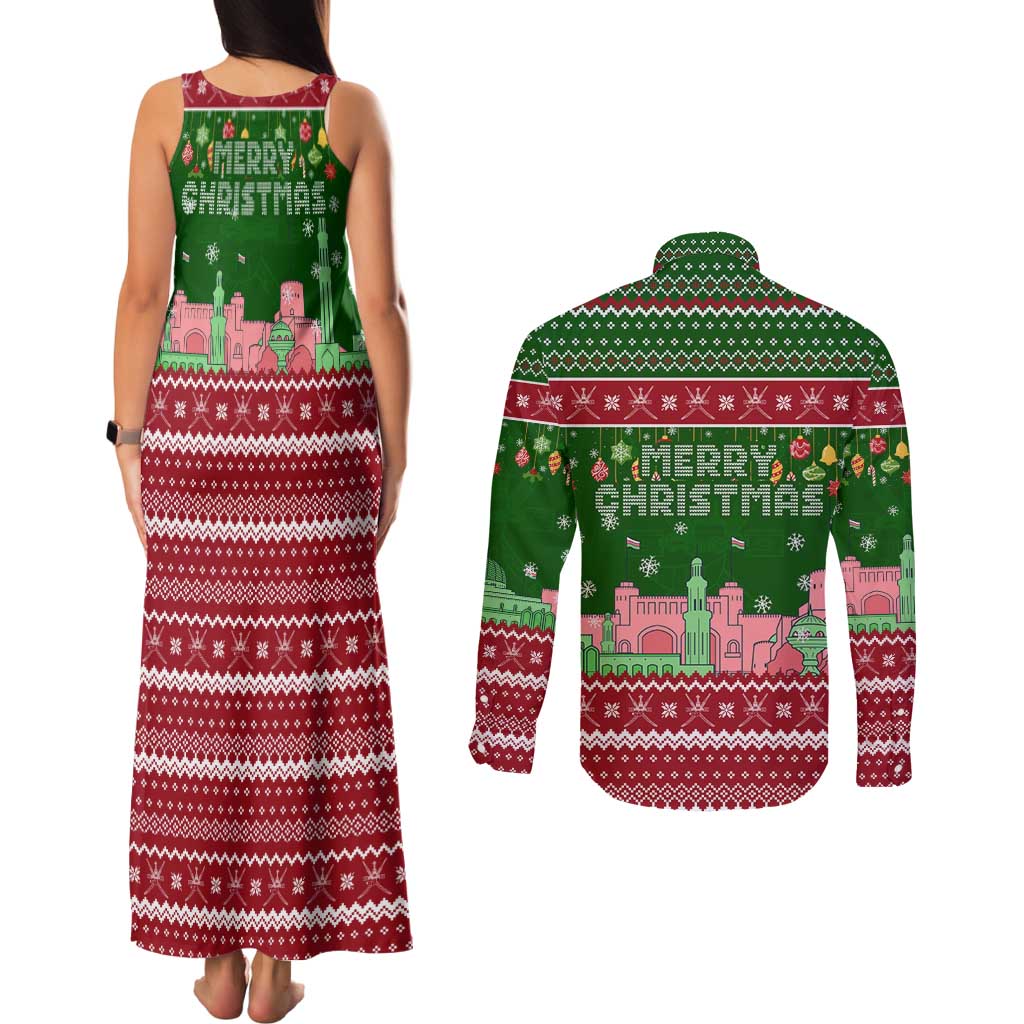 Oman Christmas Couples Matching Tank Maxi Dress and Long Sleeve Button Shirt with Green-Red Pattern, Mosque and Fort Landmarks, and Festive Ornament Motif - Wonder Print Shop