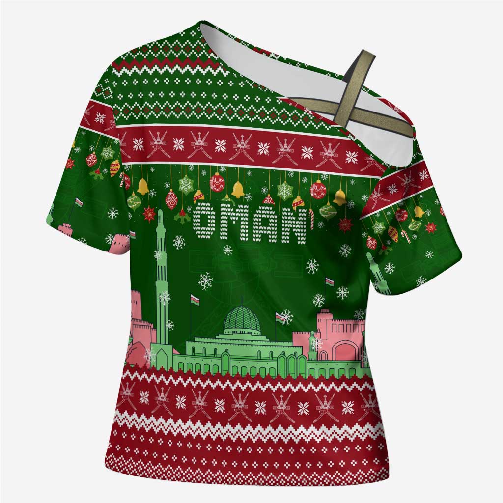Oman Christmas Cross Shoulder Shirt with Green-Red Pattern, Mosque and Fort Landmarks, and Festive Ornament Motif - Wonder Print Shop