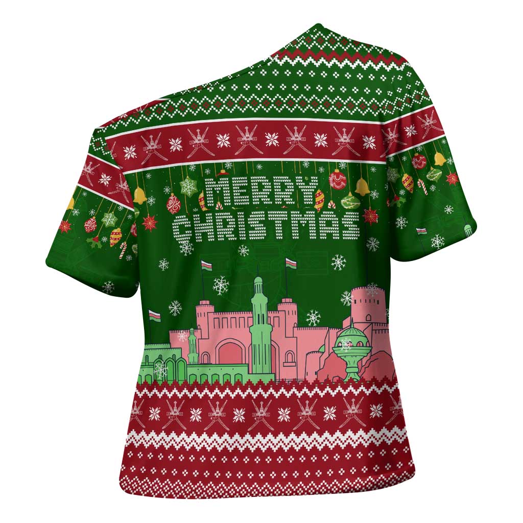 Oman Christmas Cross Shoulder Shirt with Green-Red Pattern, Mosque and Fort Landmarks, and Festive Ornament Motif - Wonder Print Shop