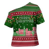 Oman Christmas Cross Shoulder Shirt with Green-Red Pattern, Mosque and Fort Landmarks, and Festive Ornament Motif - Wonder Print Shop