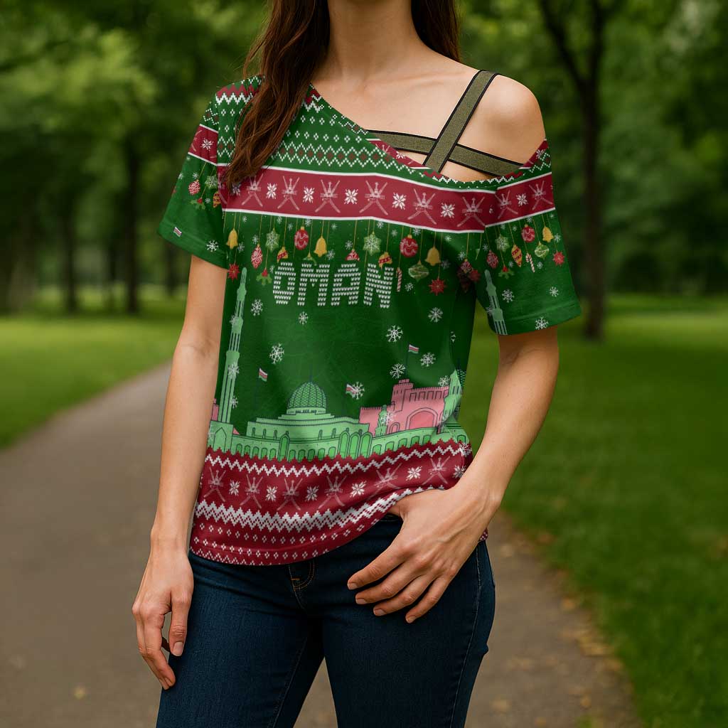 Oman Christmas Cross Shoulder Shirt with Green-Red Pattern, Mosque and Fort Landmarks, and Festive Ornament Motif - Wonder Print Shop