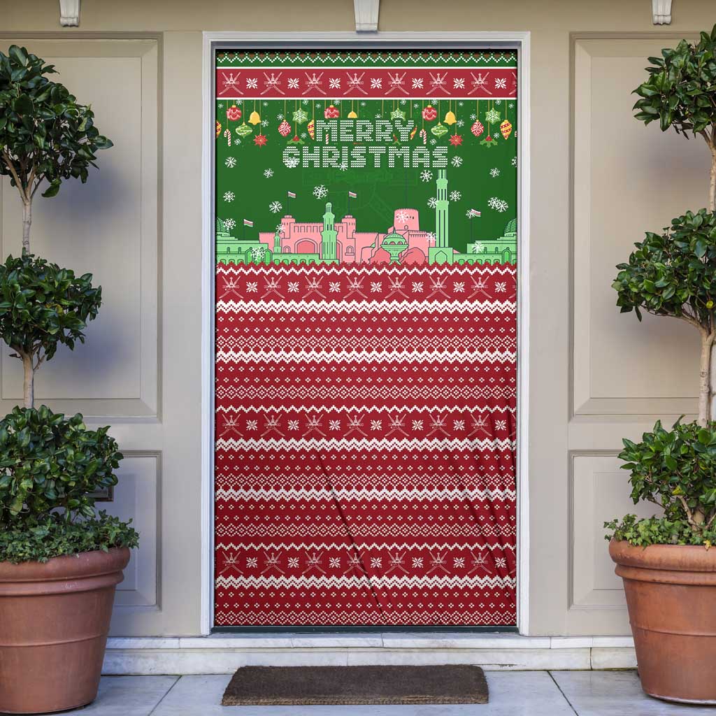 Oman Christmas Door Cover with Green-Red Pattern, Mosque and Fort Landmarks, and Festive Ornament Motif - Wonder Print Shop