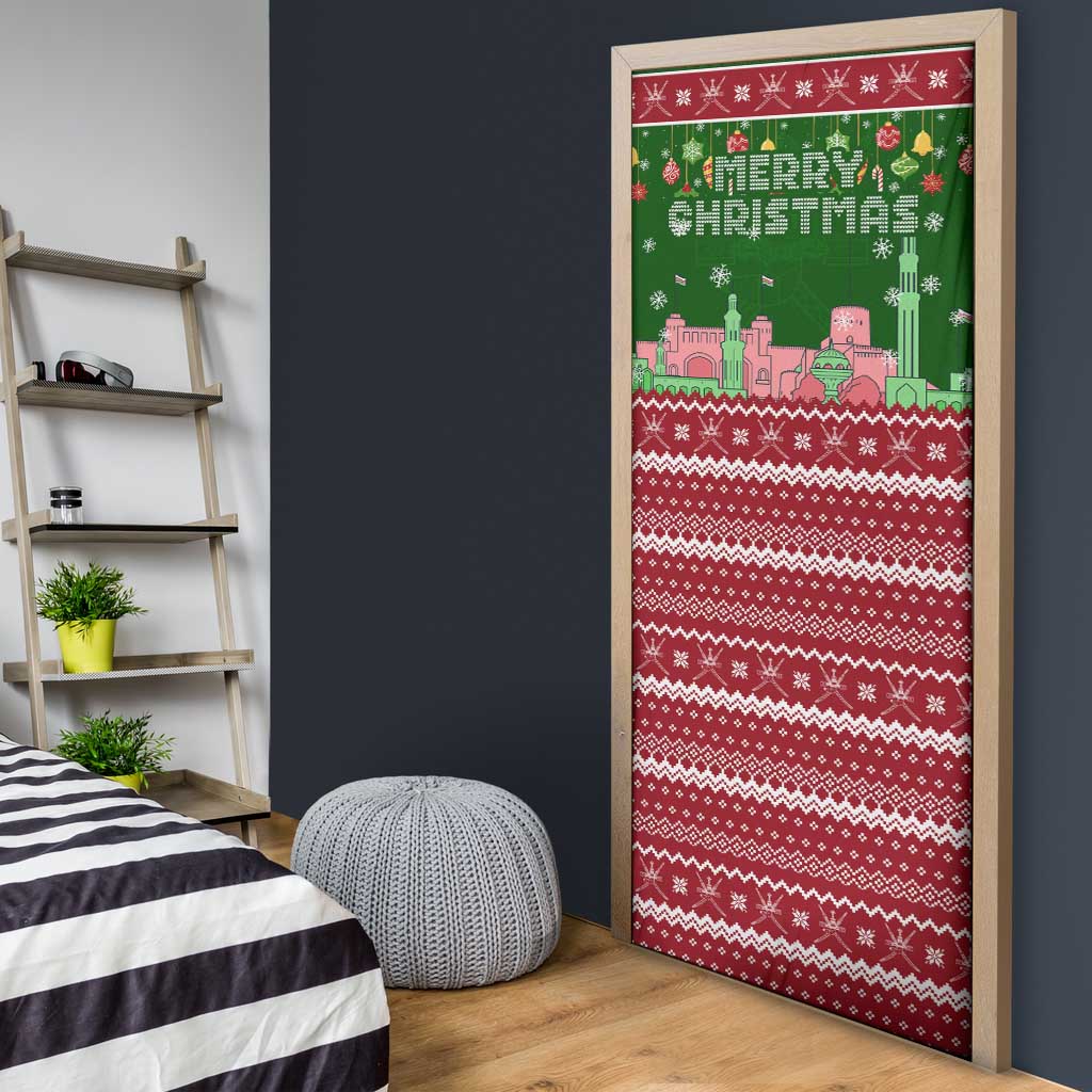 Oman Christmas Door Cover with Green-Red Pattern, Mosque and Fort Landmarks, and Festive Ornament Motif - Wonder Print Shop