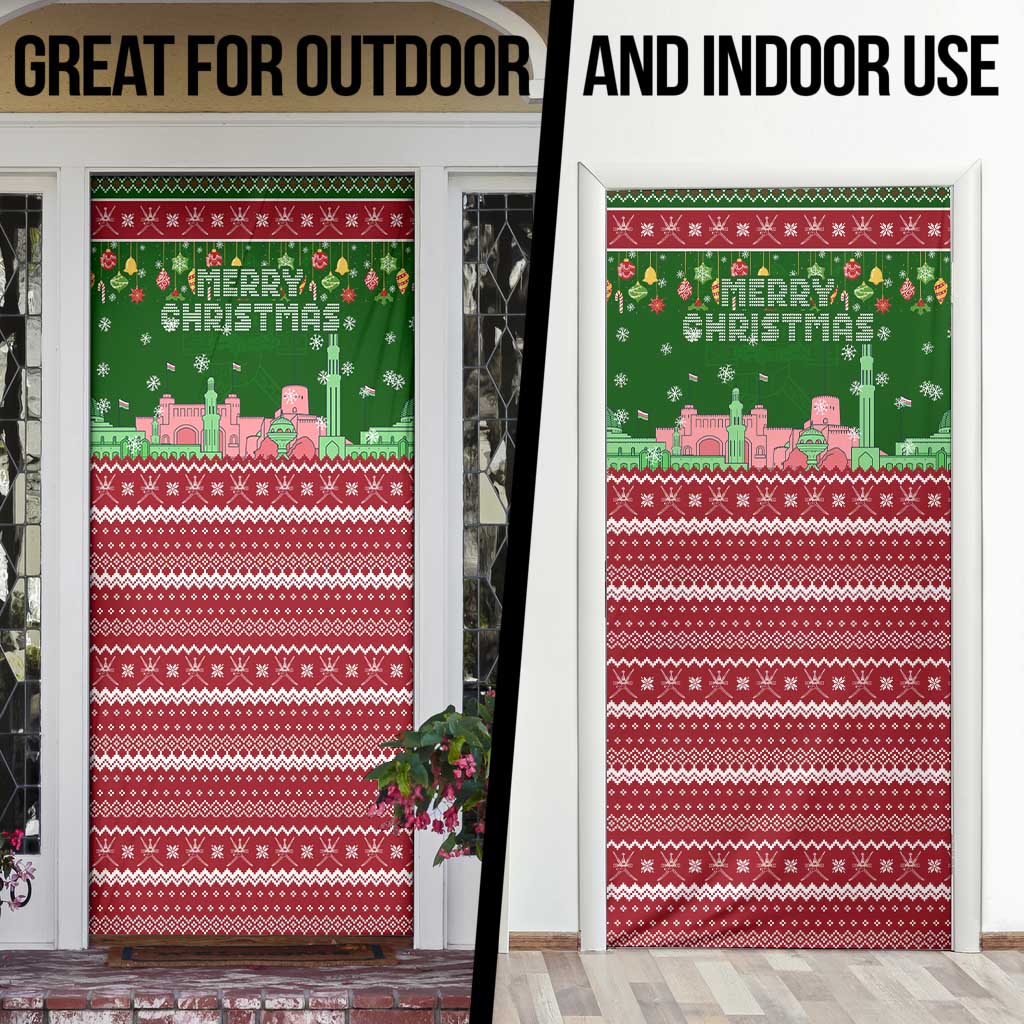 Oman Christmas Door Cover with Green-Red Pattern, Mosque and Fort Landmarks, and Festive Ornament Motif - Wonder Print Shop