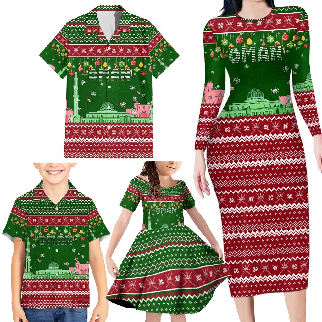 Oman Christmas Family Matching Long Sleeve Bodycon Dress and Hawaiian Shirt with Green-Red Pattern, Mosque and Fort Landmarks, and Festive Ornament Motif - Wonder Print Shop