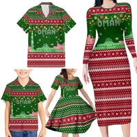 Oman Christmas Family Matching Long Sleeve Bodycon Dress and Hawaiian Shirt with Green-Red Pattern, Mosque and Fort Landmarks, and Festive Ornament Motif - Wonder Print Shop