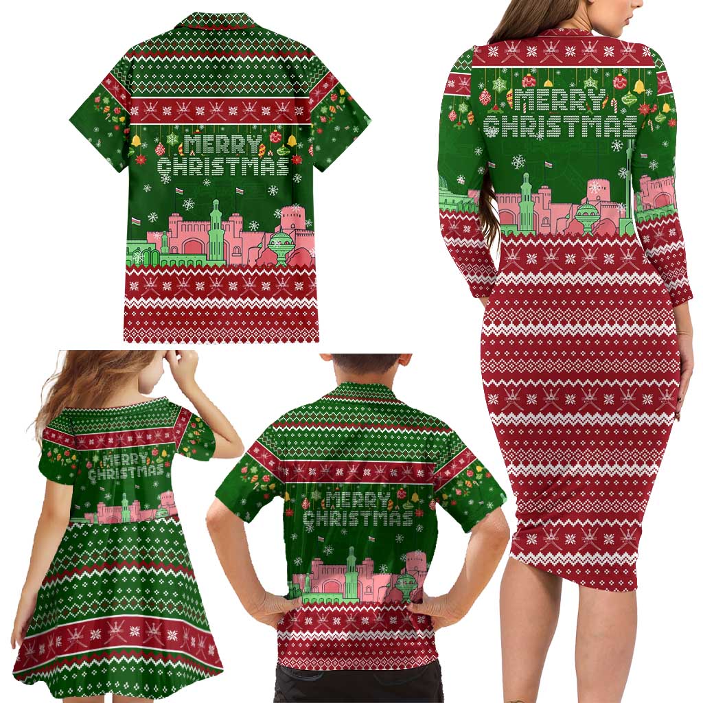 Oman Christmas Family Matching Long Sleeve Bodycon Dress and Hawaiian Shirt with Green-Red Pattern, Mosque and Fort Landmarks, and Festive Ornament Motif - Wonder Print Shop